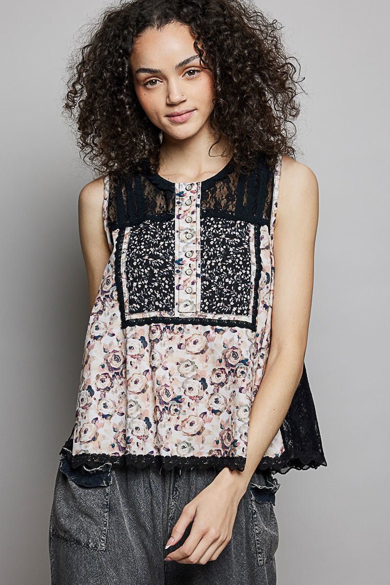 POL Printed Woven Lace Back Round Neck Sleeveless Top - Bitsy Gypsy Boutique