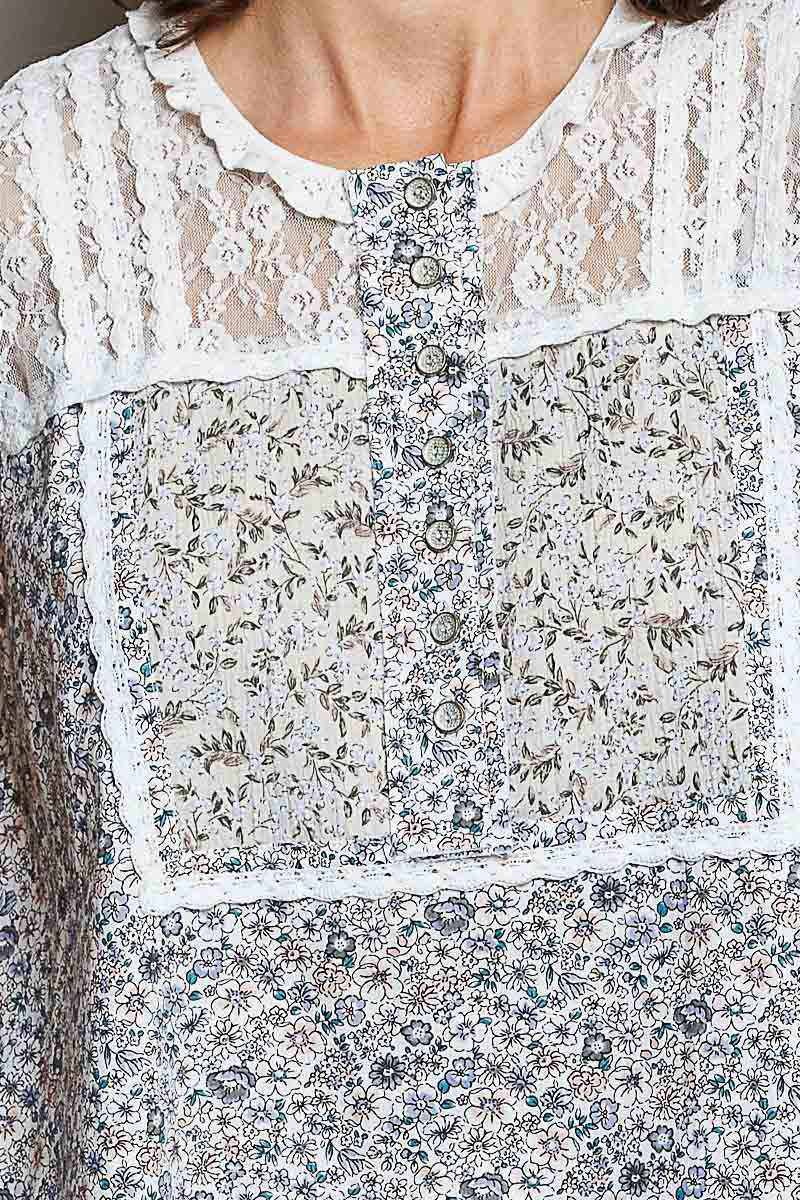 POL Printed Woven Lace Back Round Neck Sleeveless Top - Bitsy Gypsy Boutique