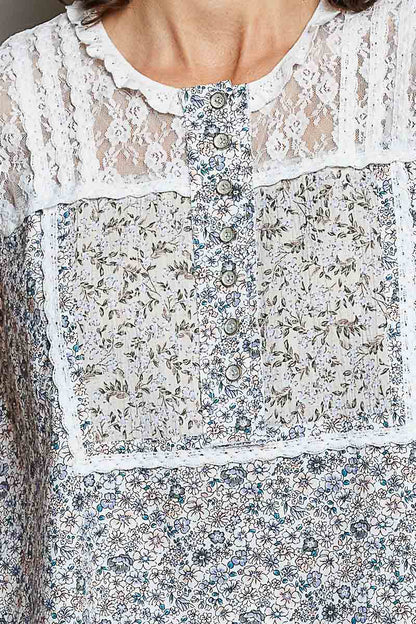 POL Printed Woven Lace Back Round Neck Sleeveless Top - Bitsy Gypsy Boutique