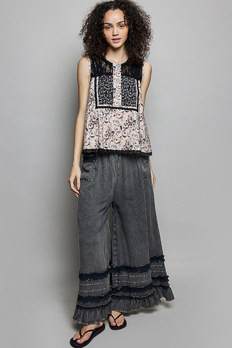 POL Printed Woven Lace Back Round Neck Sleeveless Top - Bitsy Gypsy Boutique