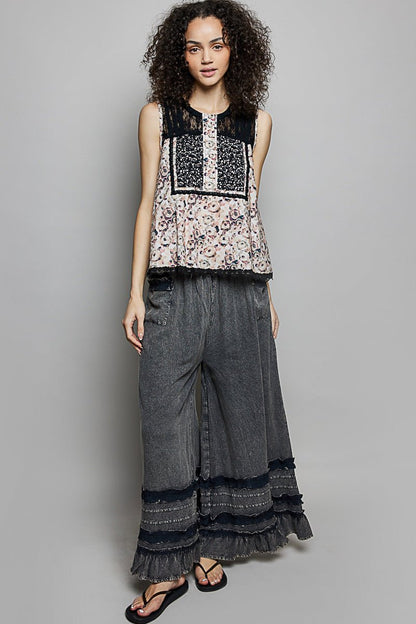 POL Printed Woven Lace Back Round Neck Sleeveless Top - Bitsy Gypsy Boutique