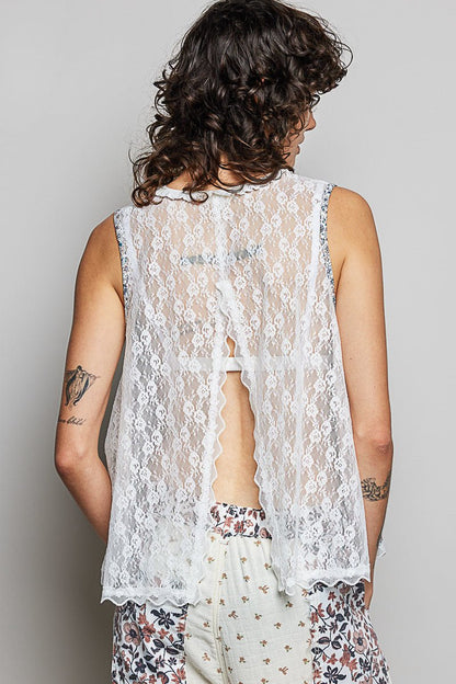 POL Printed Woven Lace Back Round Neck Sleeveless Top - Bitsy Gypsy Boutique