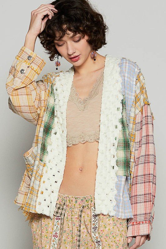 POL Raw Edge Plaid Open Front Cardigan - Bitsy Gypsy Boutique