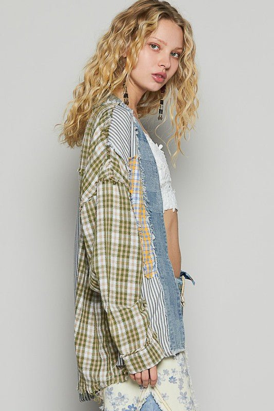 POL Raw Edge Plaid & Striped Open Front Cardigan - Bitsy Gypsy Boutique