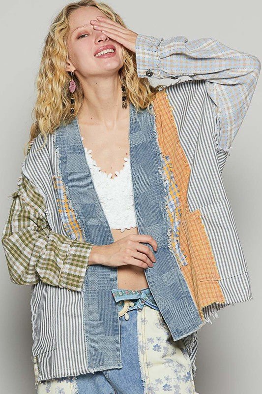 POL Raw Edge Plaid & Striped Open Front Cardigan - Bitsy Gypsy Boutique