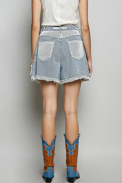 POL Raw Hem Drawstring Striped Denim Shorts - Bitsy Gypsy Boutique