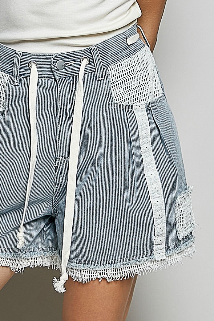 POL Raw Hem Drawstring Striped Denim Shorts - Bitsy Gypsy Boutique