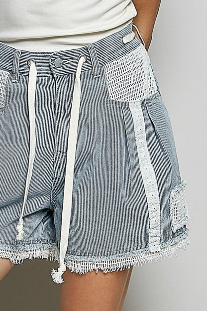 POL Raw Hem Drawstring Striped Denim Shorts - Bitsy Gypsy Boutique