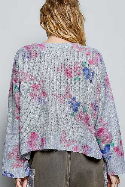 POL Ribbed Butterfly Print Round Neck Knit Top - Bitsy Gypsy Boutique