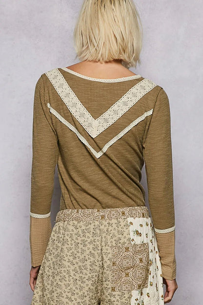 POL Ribbed Half Button Lace Detail Knit Top - Bitsy Gypsy Boutique