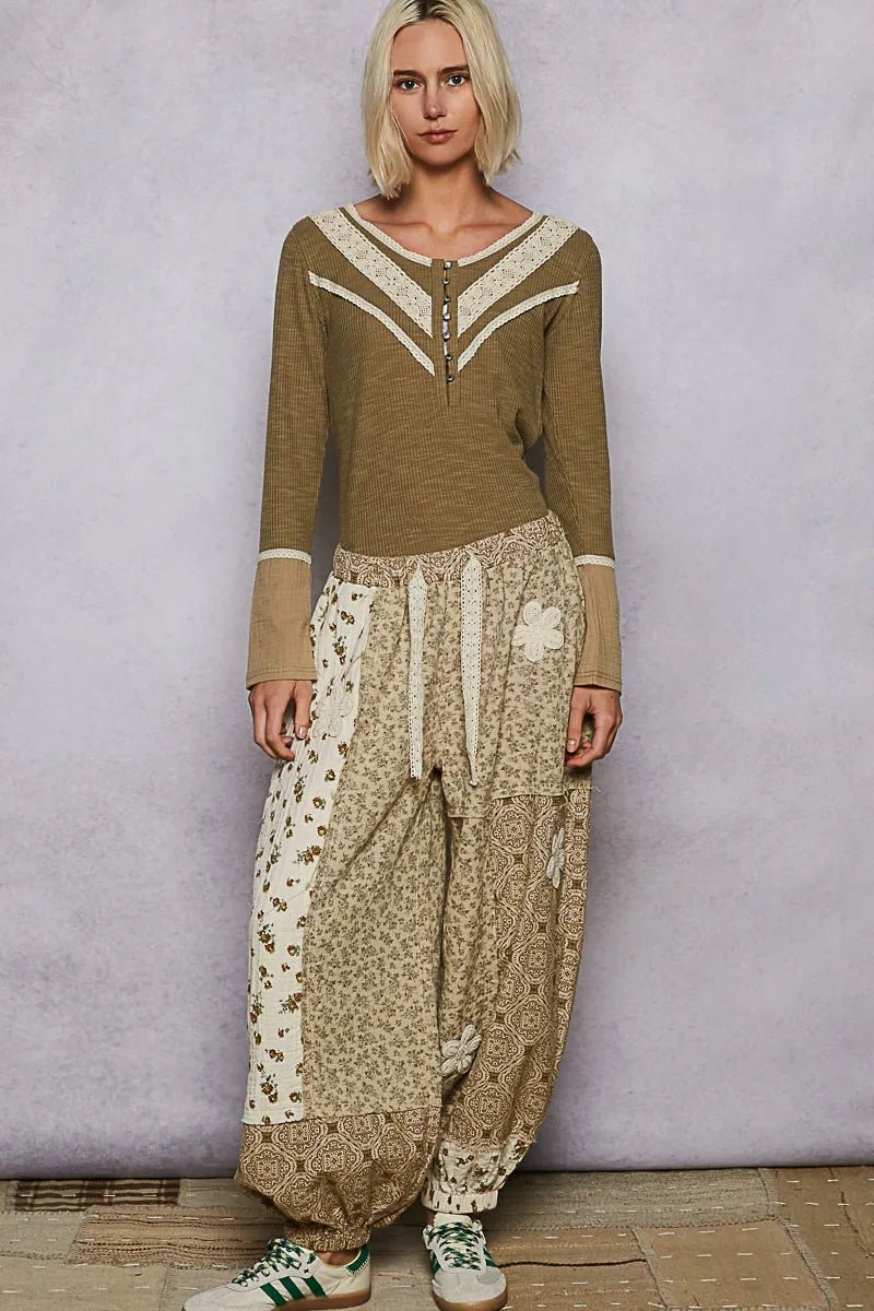 POL Ribbed Half Button Lace Detail Knit Top - Bitsy Gypsy Boutique