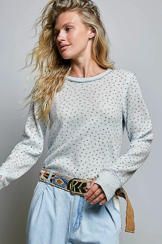 POL Ribbed Knit Floral Crew Neck Long Sleeve Top - Bitsy Gypsy Boutique