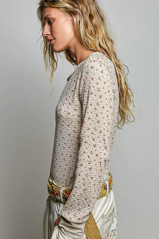 POL Ribbed Knit Floral Crew Neck Long Sleeve Top - Bitsy Gypsy Boutique