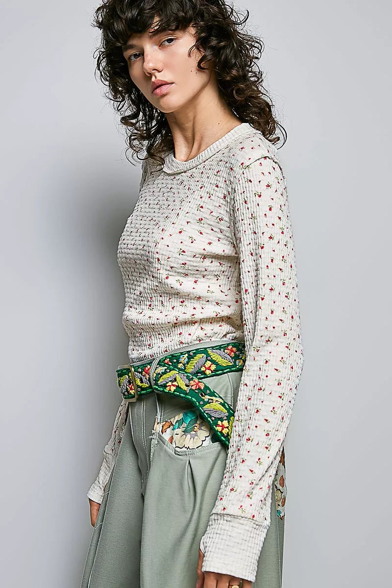 POL Ribbed Knit Floral Crew Neck Long Sleeve Top - Bitsy Gypsy Boutique