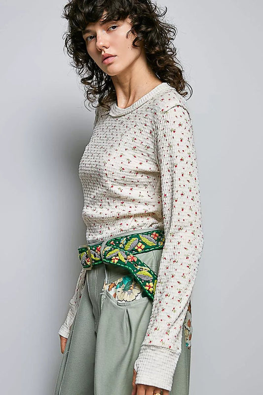 POL Ribbed Knit Floral Crew Neck Long Sleeve Top - Bitsy Gypsy Boutique