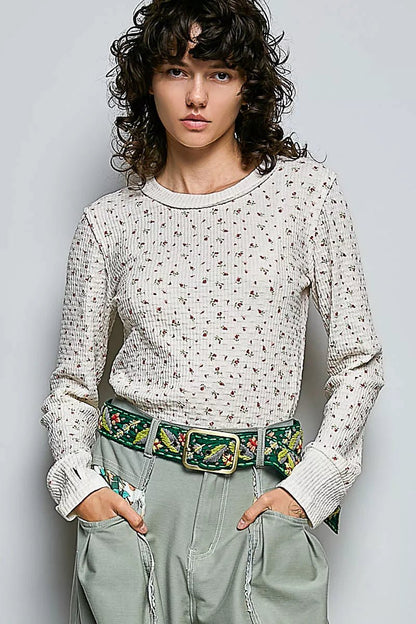 POL Ribbed Knit Floral Crew Neck Long Sleeve Top - Bitsy Gypsy Boutique