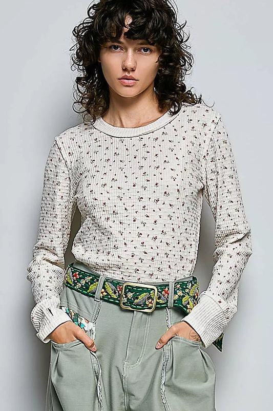 POL Ribbed Knit Floral Crew Neck Long Sleeve Top - Bitsy Gypsy Boutique