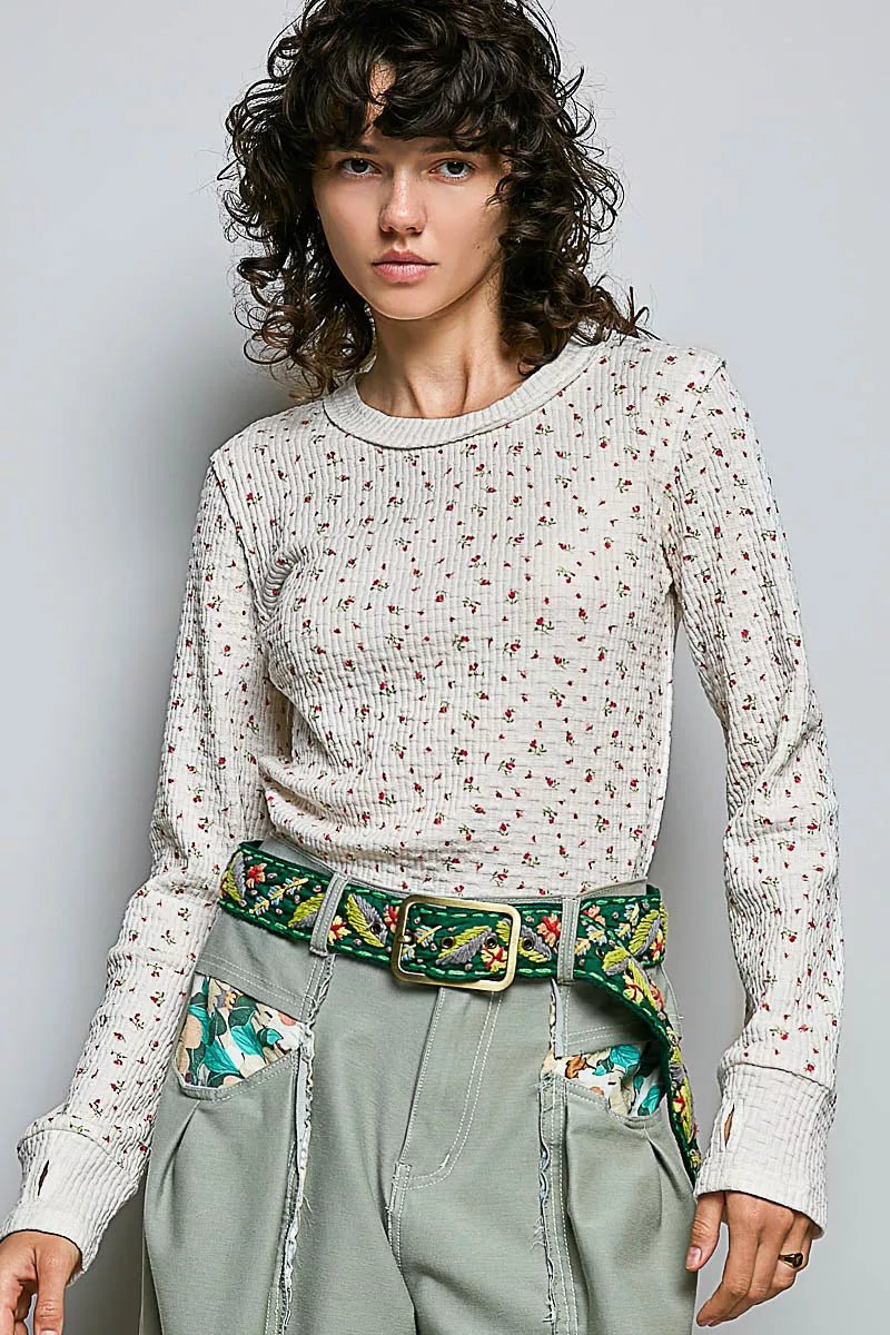 POL Ribbed Knit Floral Crew Neck Long Sleeve Top - Bitsy Gypsy Boutique