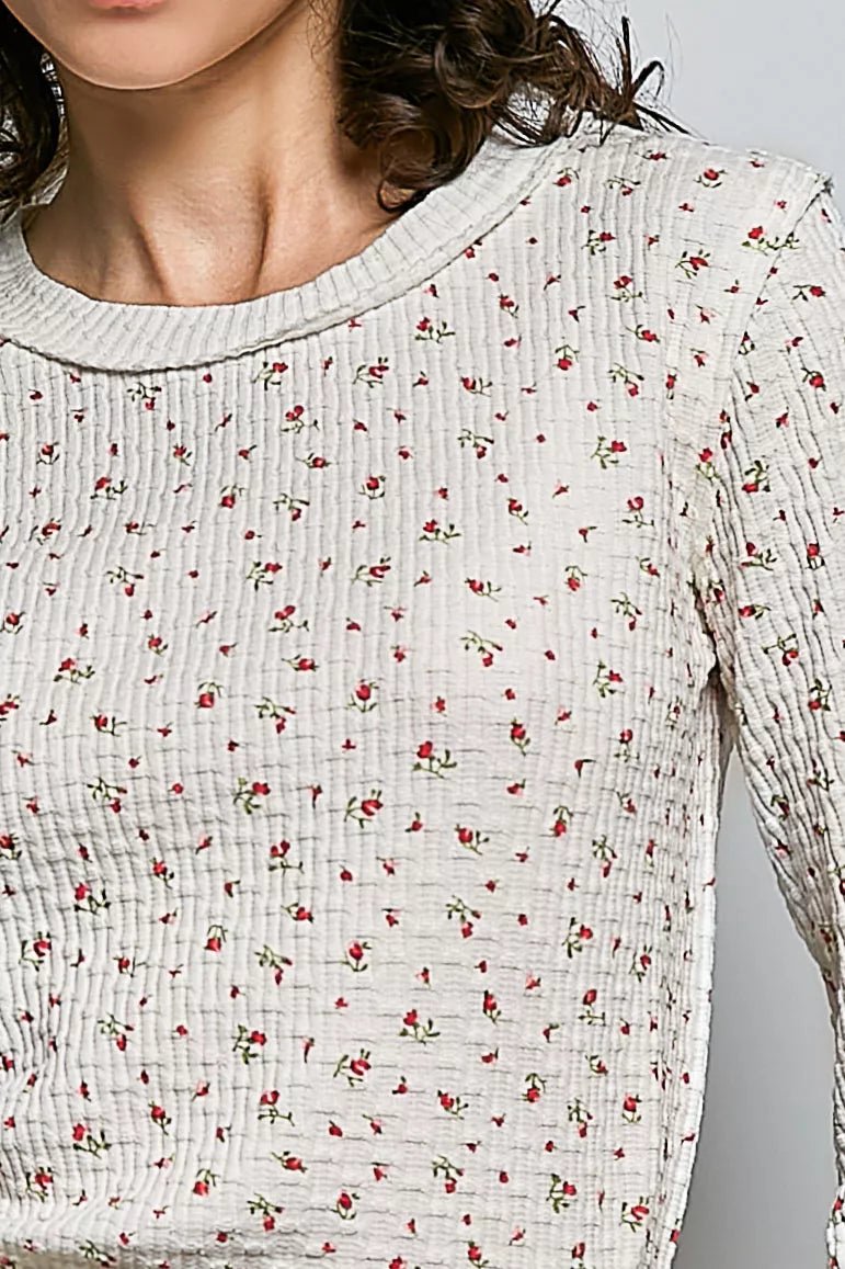 POL Ribbed Knit Floral Crew Neck Long Sleeve Top - Bitsy Gypsy Boutique