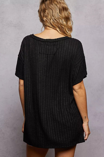 POL Ribbed Knit V - Neck Short Sleeve T-Shirt - Bitsy Gypsy Boutique