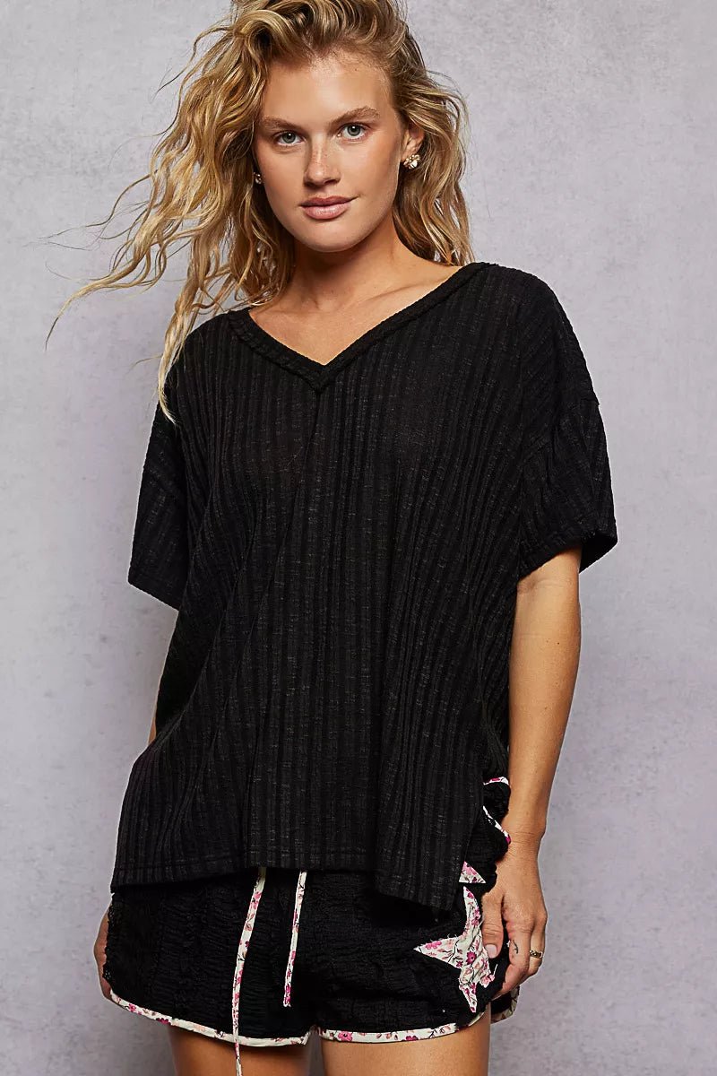 POL Ribbed Knit V - Neck Short Sleeve T-Shirt - Bitsy Gypsy Boutique