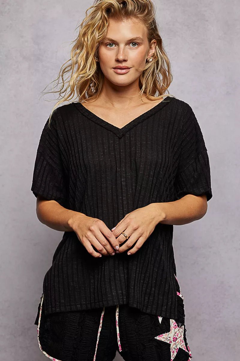 POL Ribbed Knit V - Neck Short Sleeve T-Shirt - Bitsy Gypsy Boutique