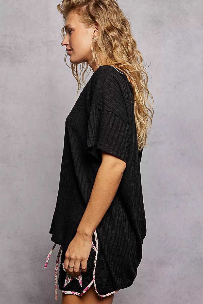 POL Ribbed Knit V - Neck Short Sleeve T-Shirt - Bitsy Gypsy Boutique