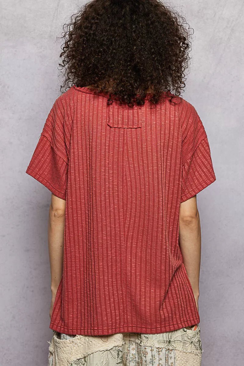POL Ribbed Knit V - Neck Short Sleeve T-Shirt with Side Slit - Bitsy Gypsy Boutique