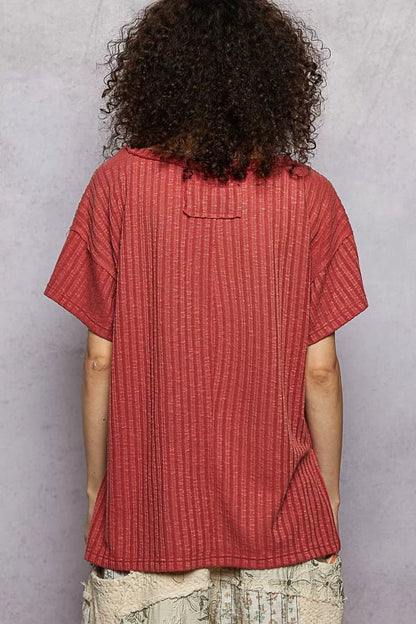 POL Ribbed Knit V - Neck Short Sleeve T-Shirt with Side Slit - Bitsy Gypsy Boutique