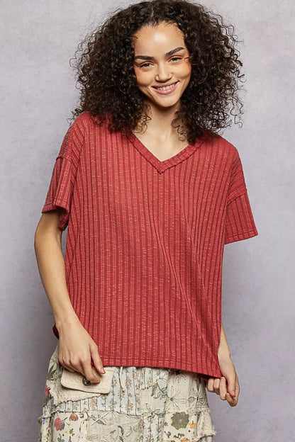 POL Ribbed Knit V - Neck Short Sleeve T-Shirt with Side Slit - Bitsy Gypsy Boutique