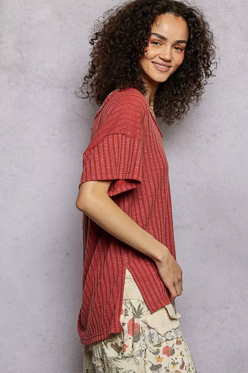 POL Ribbed Knit V - Neck Short Sleeve T-Shirt with Side Slit - Bitsy Gypsy Boutique