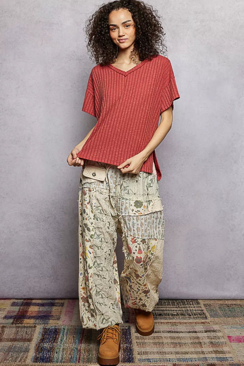 POL Ribbed Knit V - Neck Short Sleeve T-Shirt with Side Slit - Bitsy Gypsy Boutique