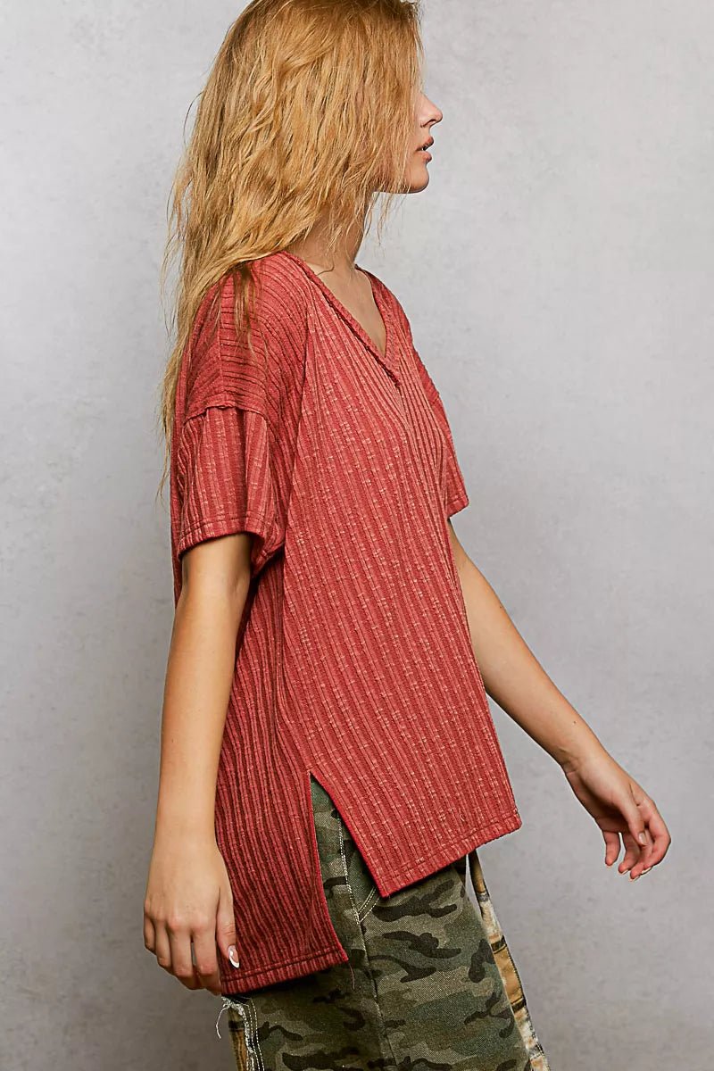 POL Ribbed Knit V - Neck Short Sleeve T-Shirt with Side Slit - Bitsy Gypsy Boutique