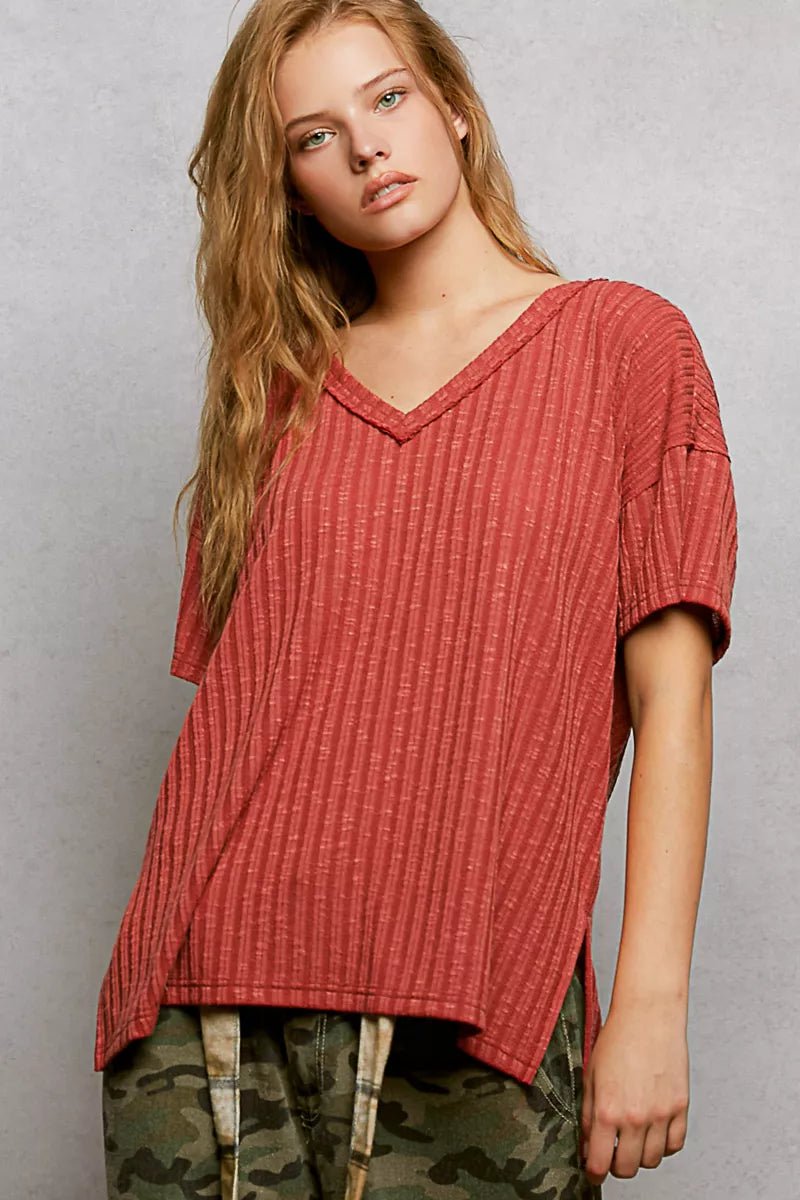 POL Ribbed Knit V - Neck Short Sleeve T-Shirt with Side Slit - Bitsy Gypsy Boutique