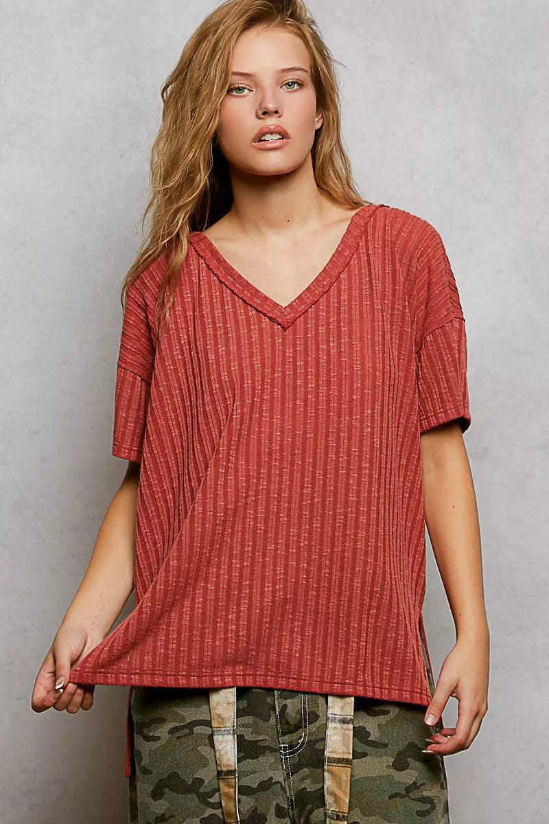 POL Ribbed Knit V - Neck Short Sleeve T-Shirt with Side Slit - Bitsy Gypsy Boutique