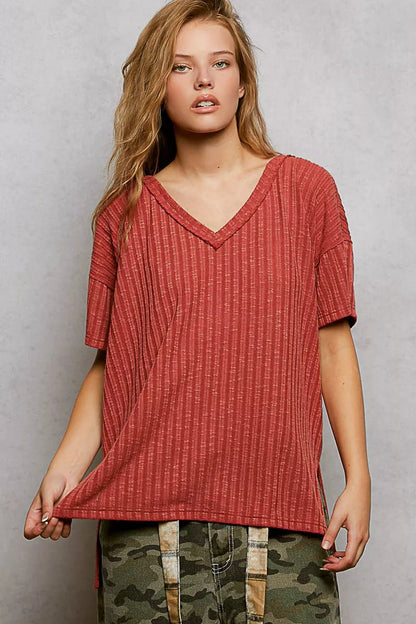 POL Ribbed Knit V - Neck Short Sleeve T-Shirt with Side Slit - Bitsy Gypsy Boutique