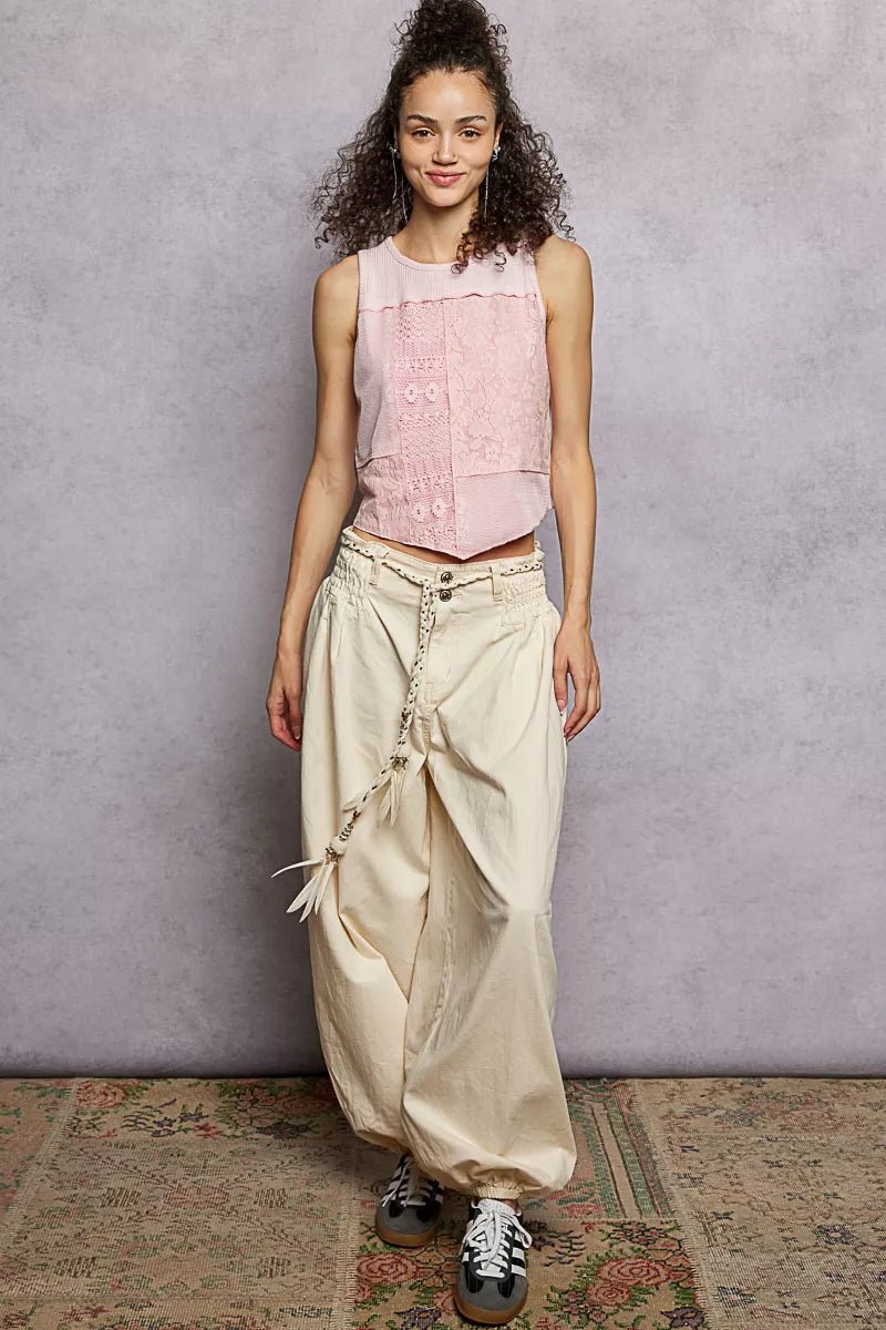 POL Ribbed Round Neck Cropped Tank with Lace Detail - Bitsy Gypsy Boutique