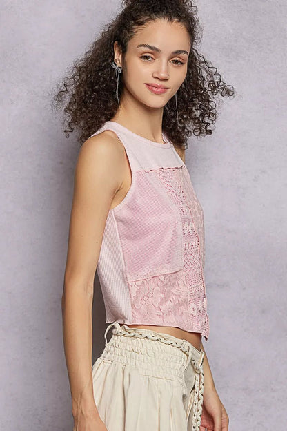 POL Ribbed Round Neck Cropped Tank with Lace Detail - Bitsy Gypsy Boutique