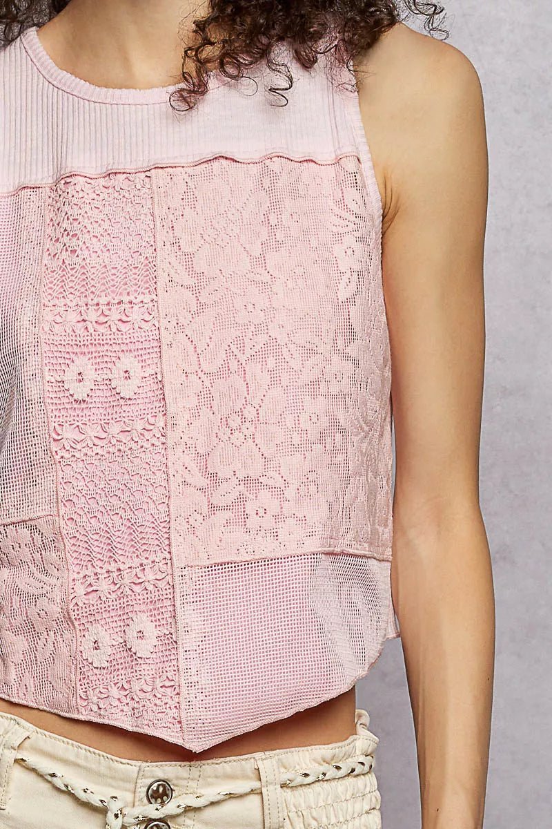 POL Ribbed Round Neck Cropped Tank with Lace Detail - Bitsy Gypsy Boutique