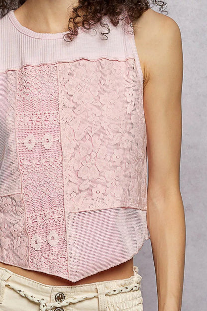 POL Ribbed Round Neck Cropped Tank with Lace Detail - Bitsy Gypsy Boutique