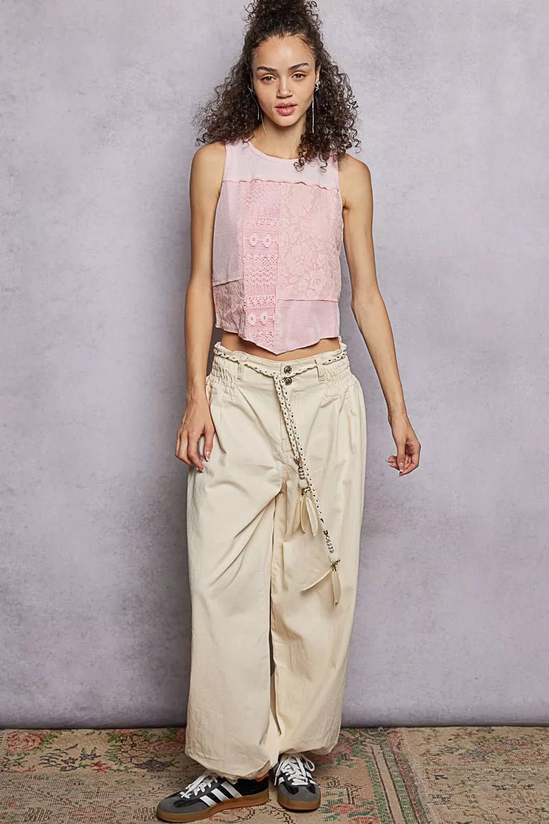POL Ribbed Round Neck Cropped Tank with Lace Detail - Bitsy Gypsy Boutique