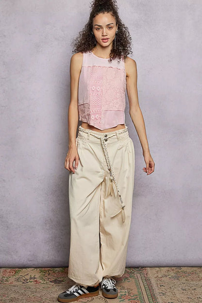 POL Ribbed Round Neck Cropped Tank with Lace Detail - Bitsy Gypsy Boutique