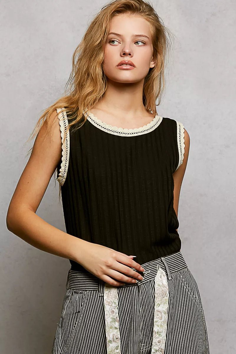 POL Ribbed Round Neck Tank with Lace Trim - Bitsy Gypsy Boutique