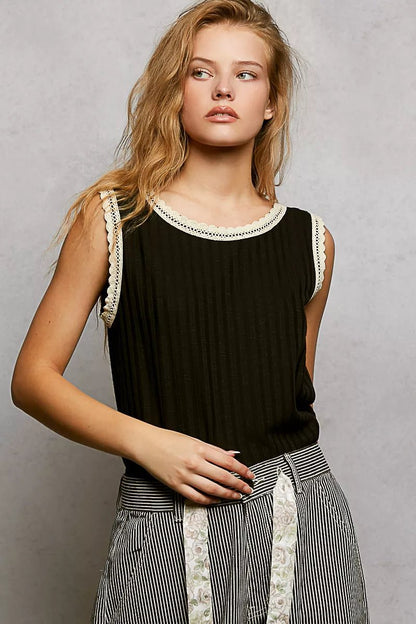 POL Ribbed Round Neck Tank with Lace Trim - Bitsy Gypsy Boutique