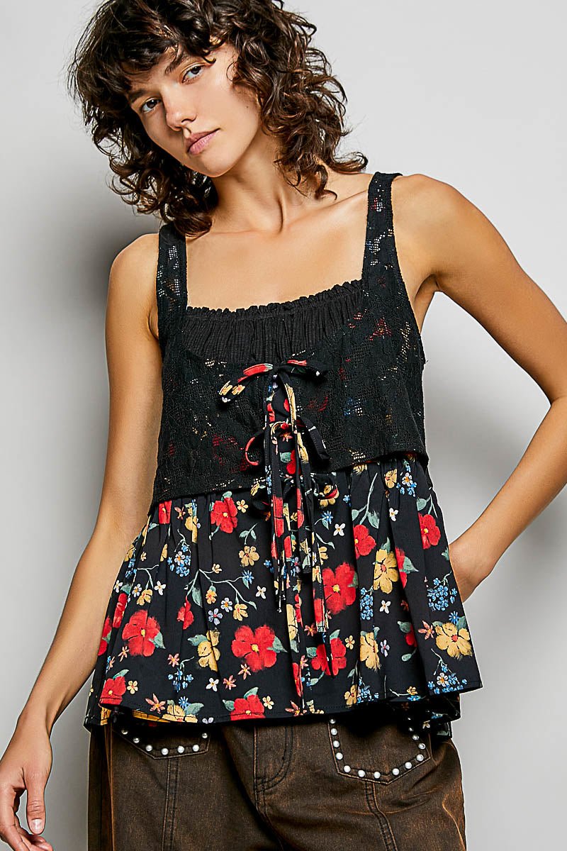 POL Ribbed Sleeveless Top with Lace Bust Floral Woven Patch - Bitsy Gypsy Boutique