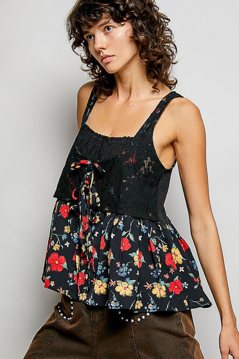 POL Ribbed Sleeveless Top with Lace Bust Floral Woven Patch - Bitsy Gypsy Boutique