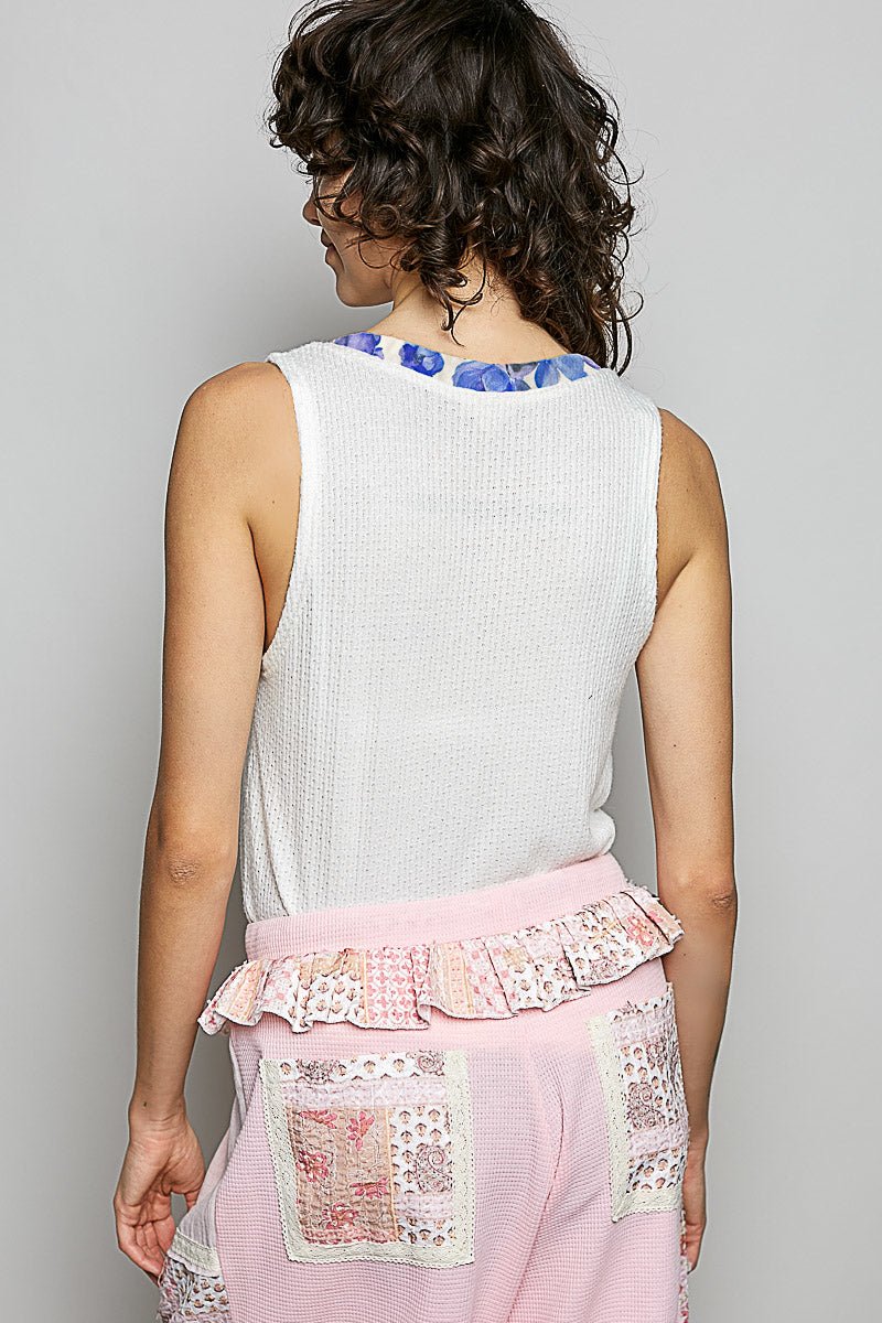 POL Ribbed V - Neck Tank with Contrast Floral Neckband - Bitsy Gypsy Boutique