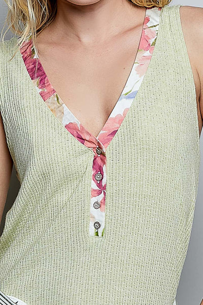 POL Ribbed V - Neck Tank with Contrast Floral Neckband - Bitsy Gypsy Boutique