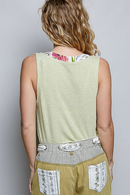 POL Ribbed V - Neck Tank with Contrast Floral Neckband - Bitsy Gypsy Boutique