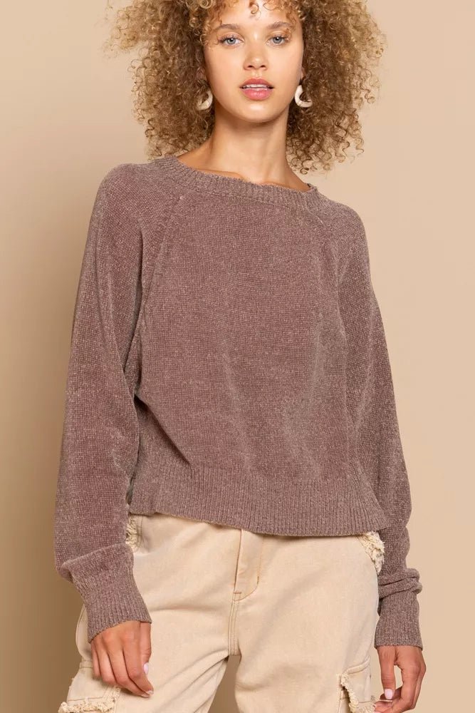 POL Round Neck Backless Sweater with Ribbed Edge - Bitsy Gypsy Boutique